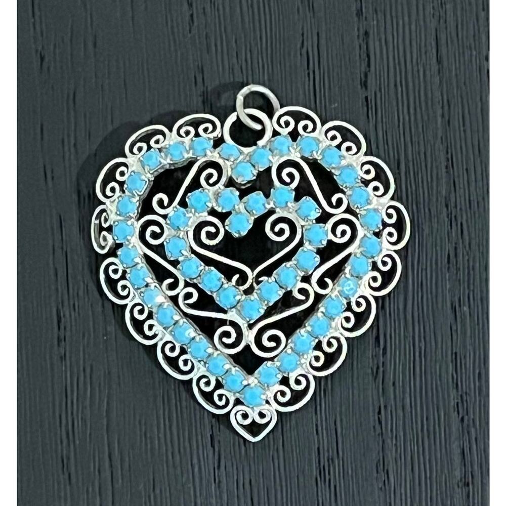 Vintage Blue Rhinestone Heart Pendant Filigree Statement Cottagecore